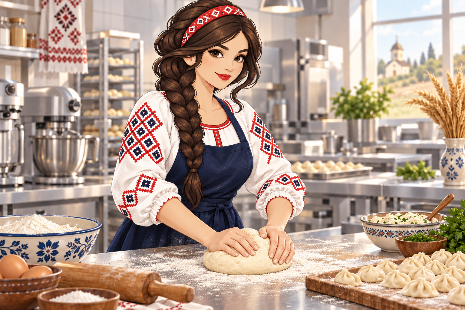 Ileana kneads dough in a test kitchen