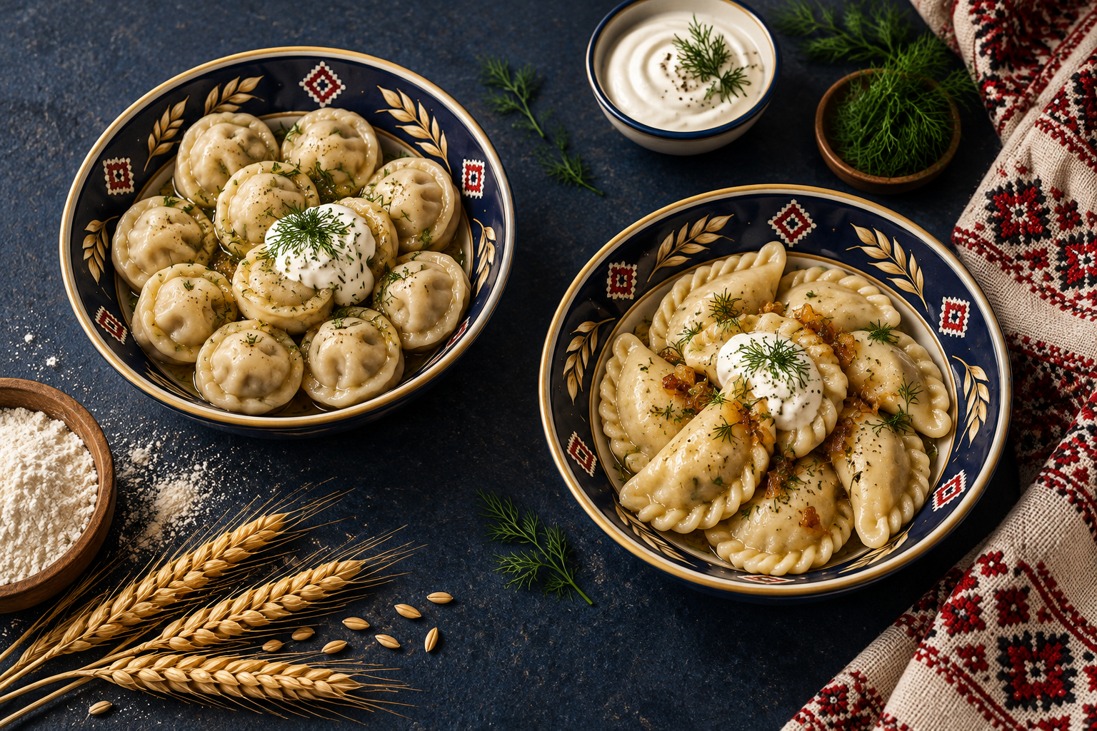 Pelmeni and colțunași served in traditional bowls